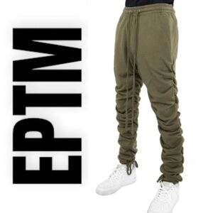EPTM Olive Green Drawstring Wrinkle Ruched Leg Jogger Sweatpants, Size Large